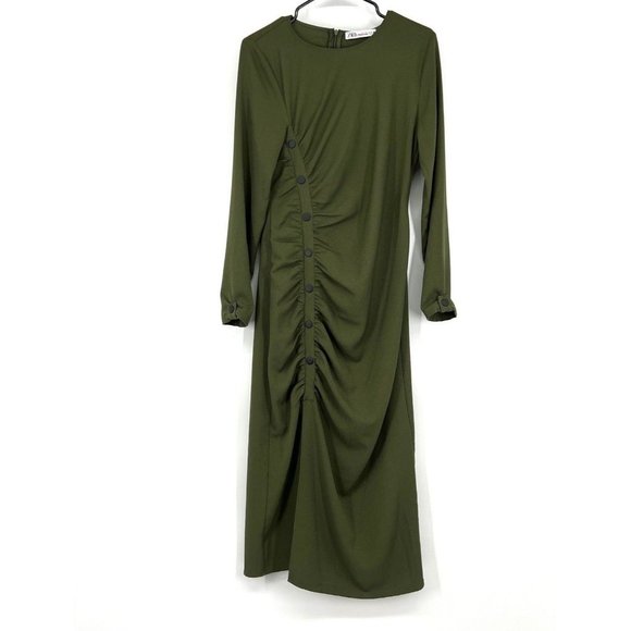 Zara Dress Green Button Front Crepe Long Sleeve Draped Midi - Picture 2 of 11